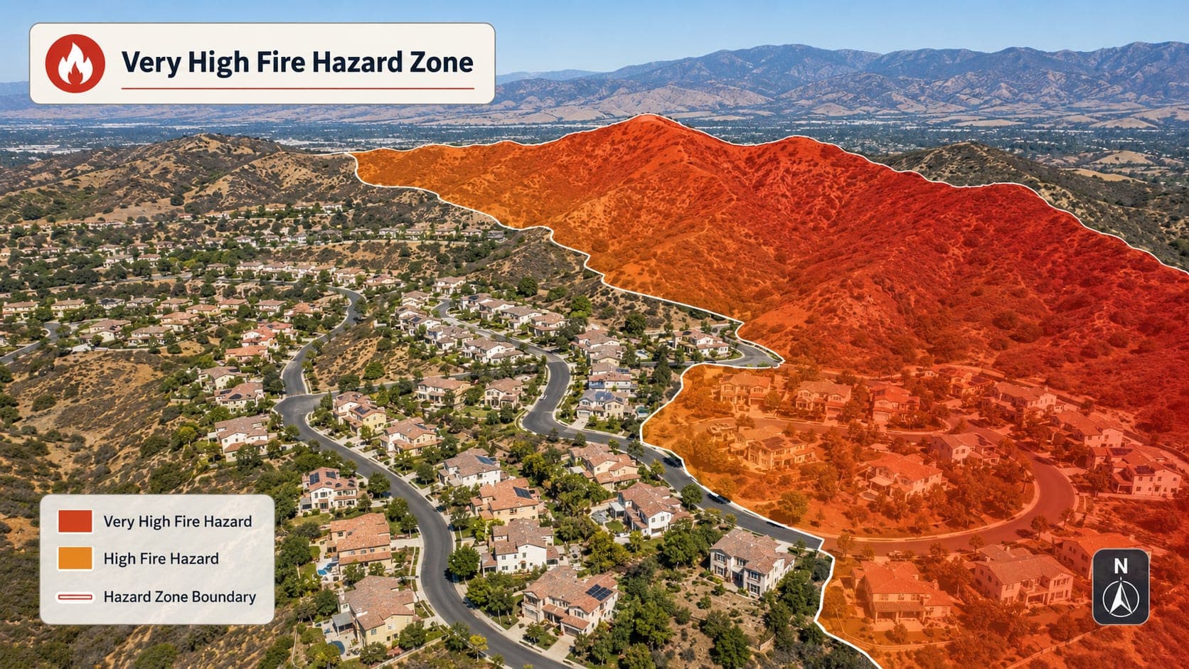 An aerial view of a Porter Ranch hillside neighborhood with the Very High Fire Hazard Severity Zone shaded red over the foothills and the homes along its edge — the mapping that makes the 91326 a hard market for home insurance.